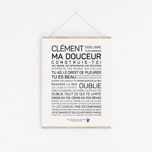 Une affiche en noir et blanc avec la mention "Clément, ma douceur", un cadeau parfait.