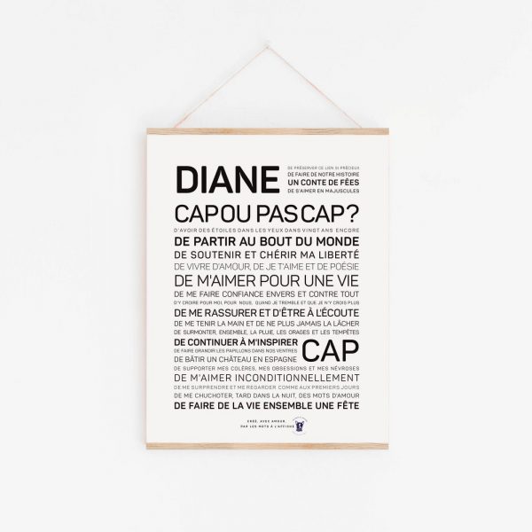 Une affiche en noir et blanc avec la mention "Diane, cap ou pas cap ?" cadeau.