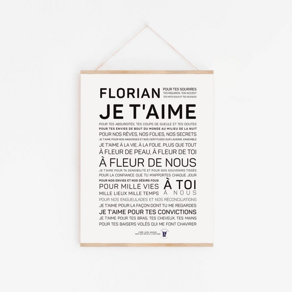 Une affiche Florian, je t'aime en noir et blanc.