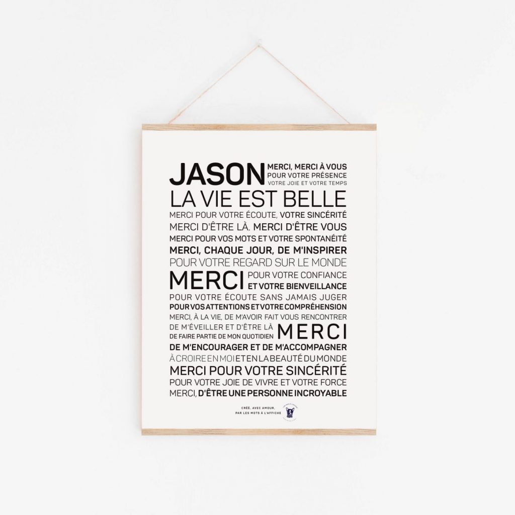 Une affiche en noir et blanc avec les mots Jason, merci est belle, un cadeau parfait.