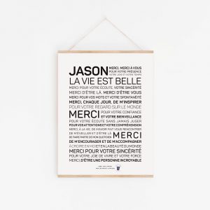 Une affiche en noir et blanc avec les mots Jason, merci est belle, un cadeau parfait.