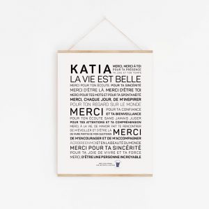 Une affiche en noir et blanc avec la mention "Katia, merci (tutoiement)", une idée cadeau idéale.