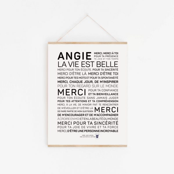 Une affiche en noir et blanc avec les mots Angie et Belle, Modèle 7 : Merci à toi, une parfaite idée cadeau.