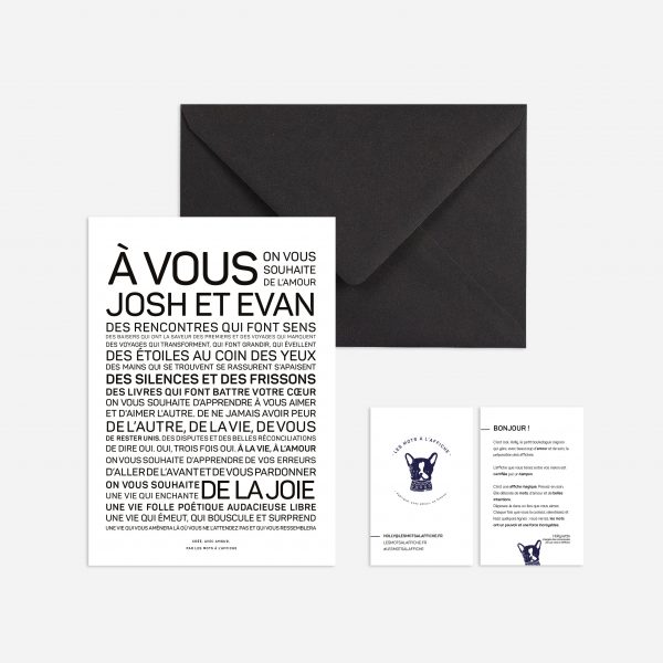 Une enveloppe cadeau en noir et blanc avec les mots "a vos Josh et Evan.