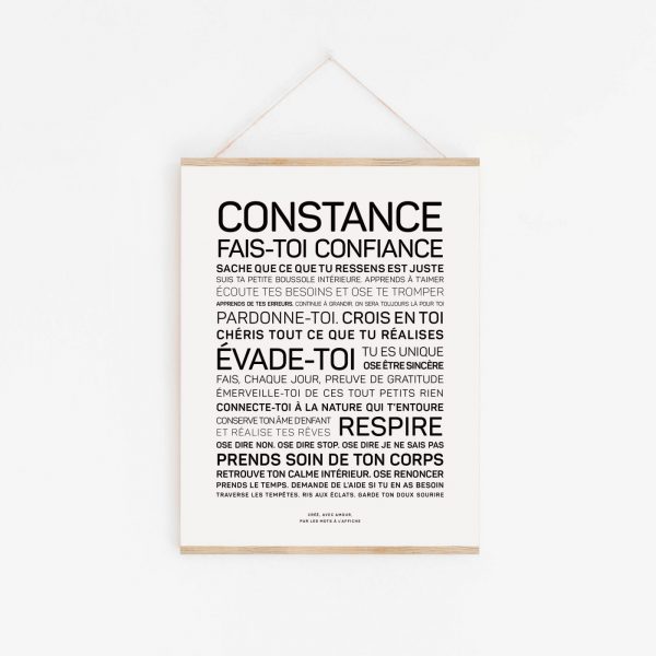 Une affiche Modèle 12 : Fais-toi confiance en noir et blanc avec les mots Constance par to confort, une parfaite idée cadeau.