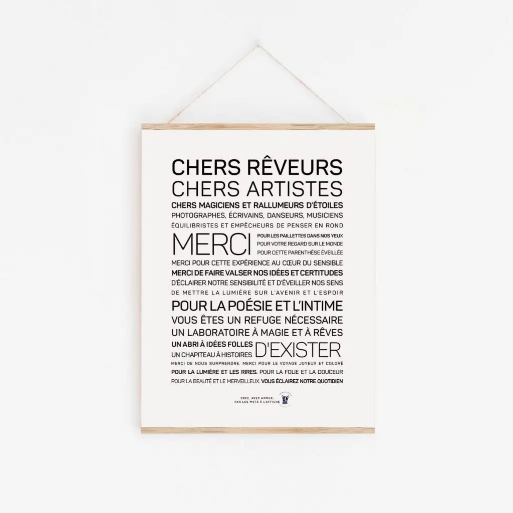Une affiche en noir et blanc avec les mots Chers artistes, chers rêveurs - une parfaite idée cadeau.