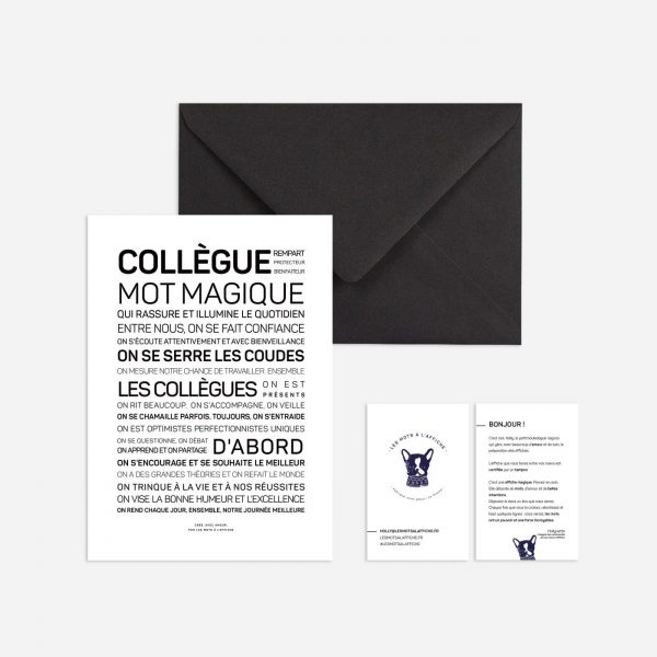 Une enveloppe en noir et blanc avec la mention « idée cadeau college mot magique » pour Espoir.