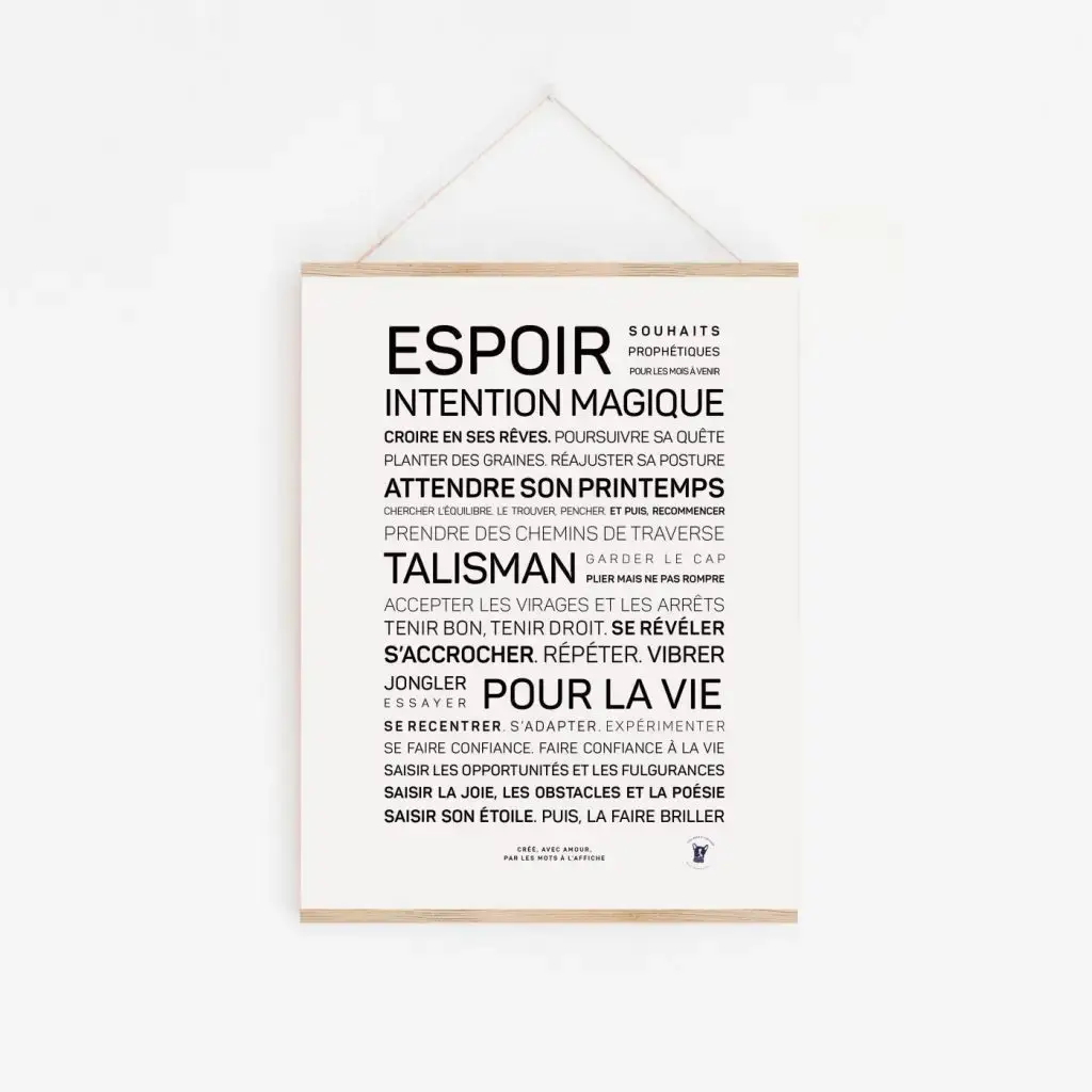 Une affiche avec le mot Espoir en noir et blanc, une parfaite idée de cadeau.