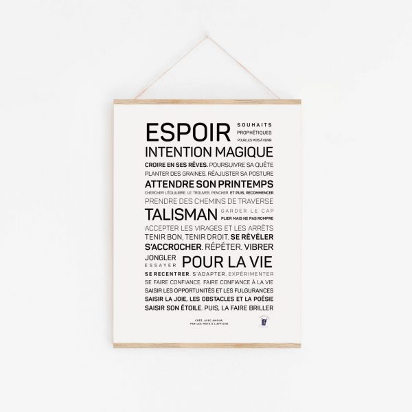 Une affiche avec le mot Espoir en noir et blanc, une parfaite idée de cadeau.