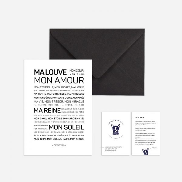 Une enveloppe en noir et blanc avec la mention « Ma louve, mon amour », une idée cadeau.