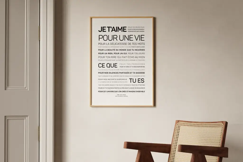 L'affiche encadrée avec le texte français « Je t'aime pour une vie », une idée cadeau enchanteresse, est accrochée sur un mur beige au-dessus d'une chaise en bois avec un siège tissé à côté d'une porte fermée.