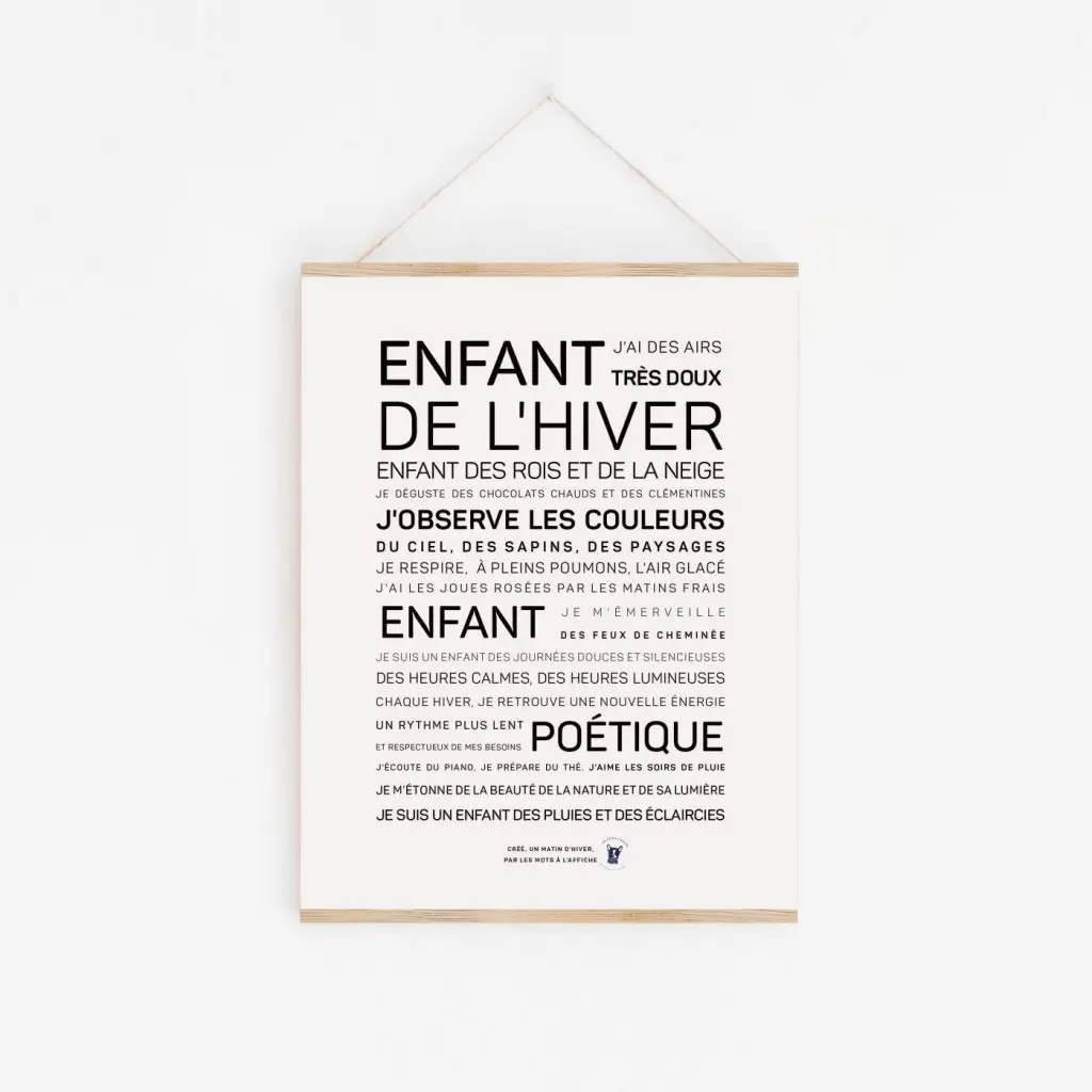 Une affiche en noir et blanc avec la mention "Enfant d'hiver", une idée cadeau idéale.