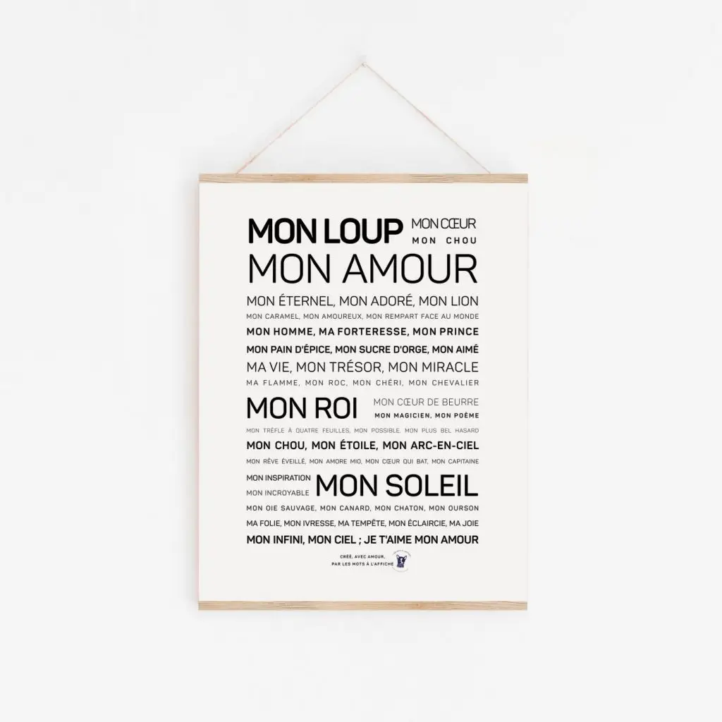 Une affiche avec les mots 'mon amour' en noir et blanc, une idée cadeau.