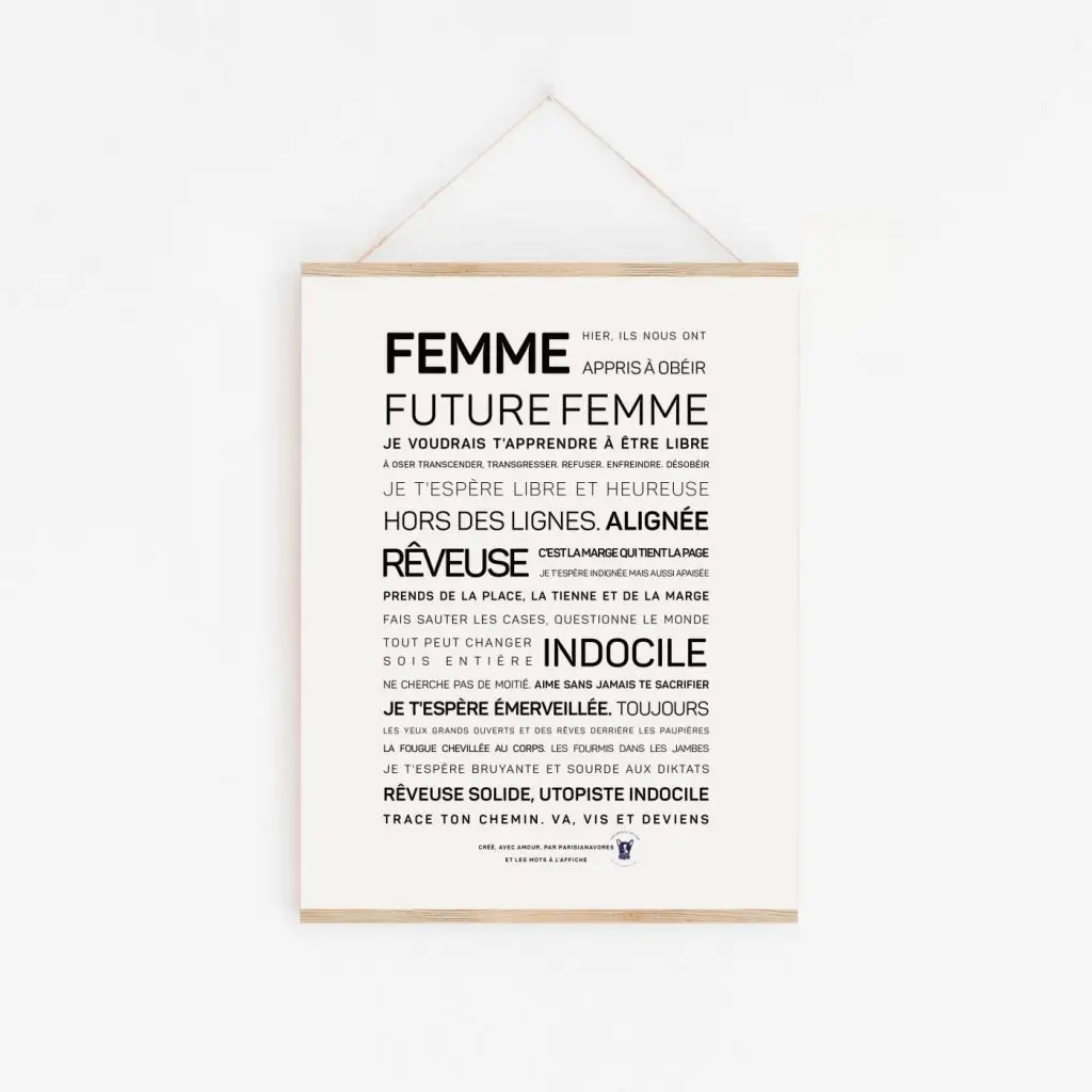 Une idée cadeau : une affiche avec les mots 'Femme, future femme' - Parisianavores.