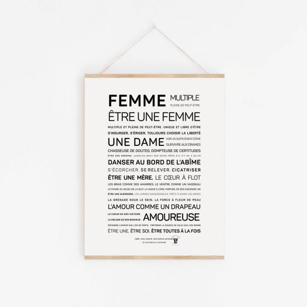 Une affiche "idée cadeau" en noir et blanc avec la mention "femme".