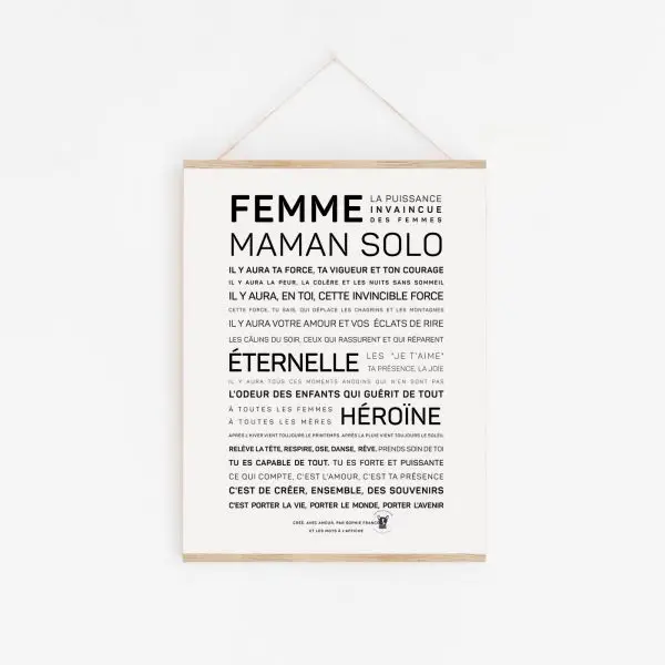 Une idée cadeau : un poster avec les mots 'femme maman solo' dessus.