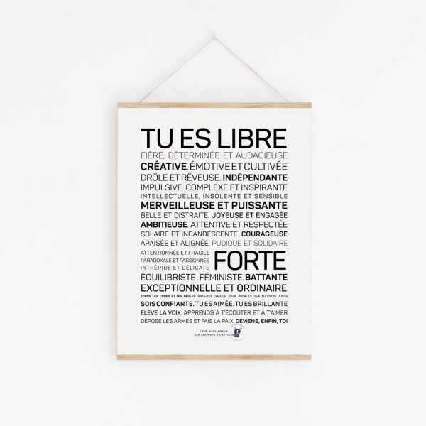 Une affiche en noir et blanc avec la mention "Tu es libre et doux", une idée cadeau idéale.