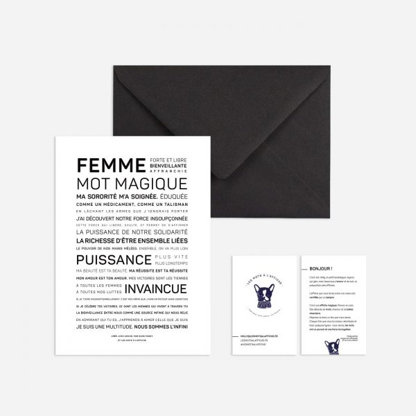 Une enveloppe noire et blanche, une idée cadeau idéale, avec la mention "femme pas magique".