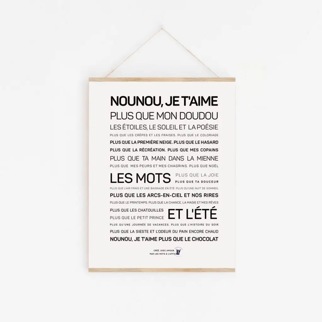 Une affiche avec les mots « nouvelle jatte », une idée cadeau, accrochée au mur.
