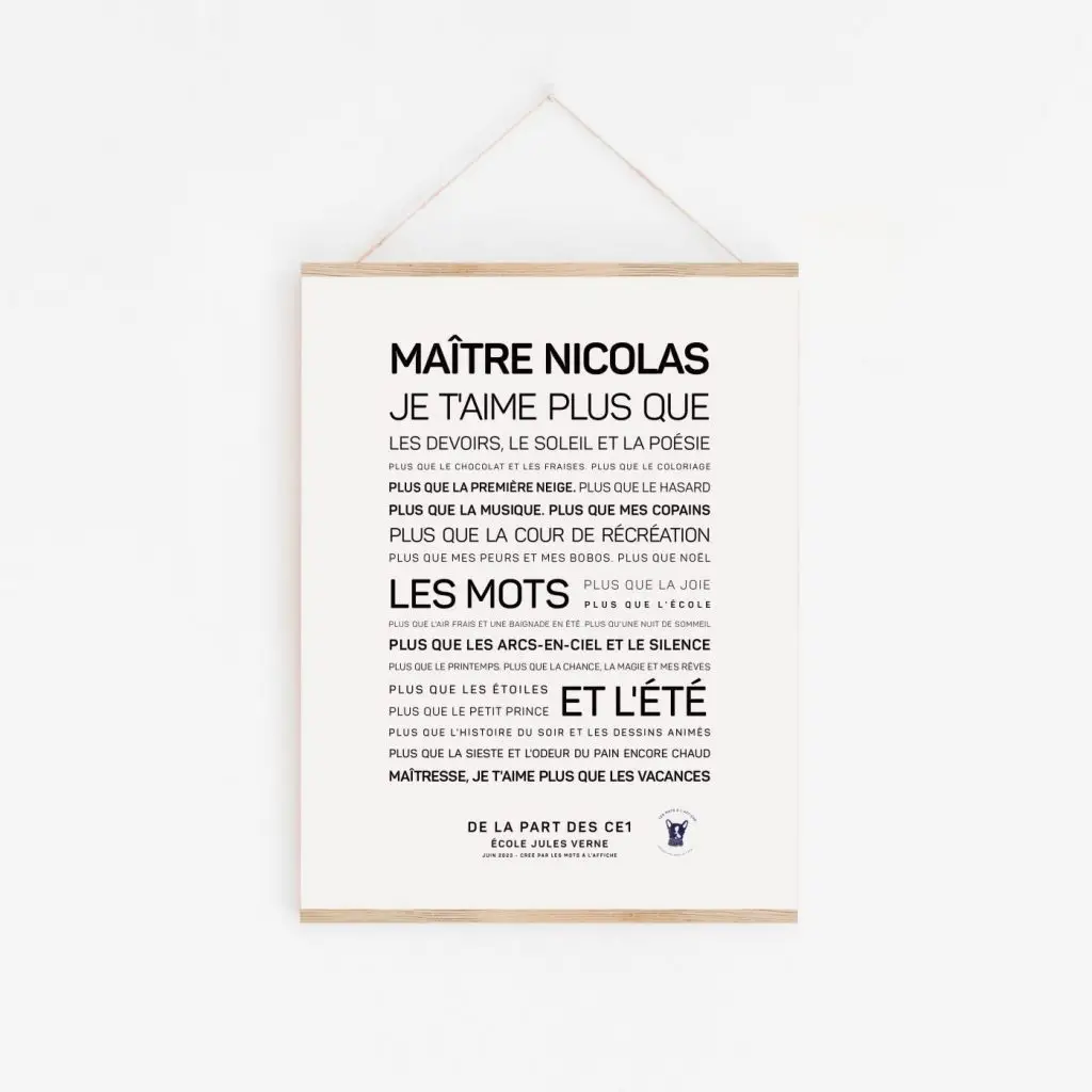 Une Affiche à personnaliser : Maîtresse, je t'aime plus que... en noir et blanc avec les mots matrie nicolas.