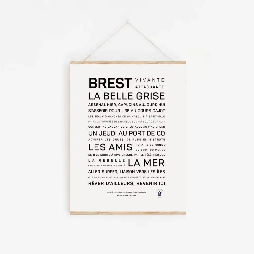 Une affiche 'idée cadeau' en noir et blanc avec la mention 'brest la belle grise'.
