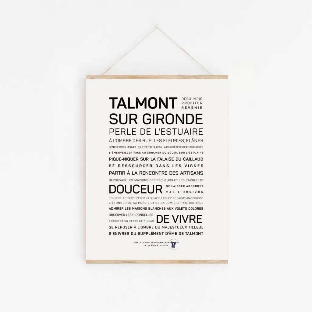 Une affiche en noir et blanc avec la mention "Talmont sur Gironde" - une idée cadeau.