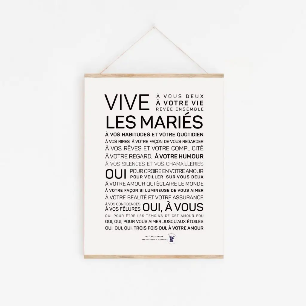 Une affiche en noir et blanc avec les mots "Vive les mariés", un idéal Vive les mariés.