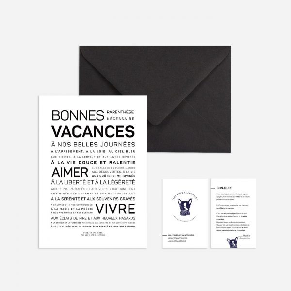 Une enveloppe en noir et blanc avec la mention "bonnies vacances" - une idée cadeau idéale.