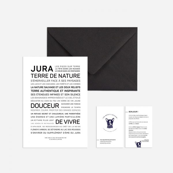 Une enveloppe en noir et blanc avec la mention "jubra tendance de nature" comme idée cadeau.