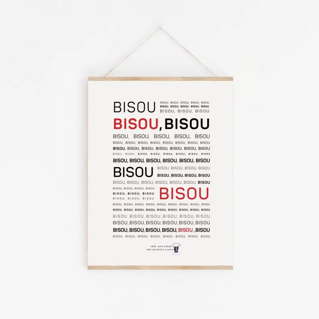 Une affiche avec le nom du produit "Mantra : Bisou".