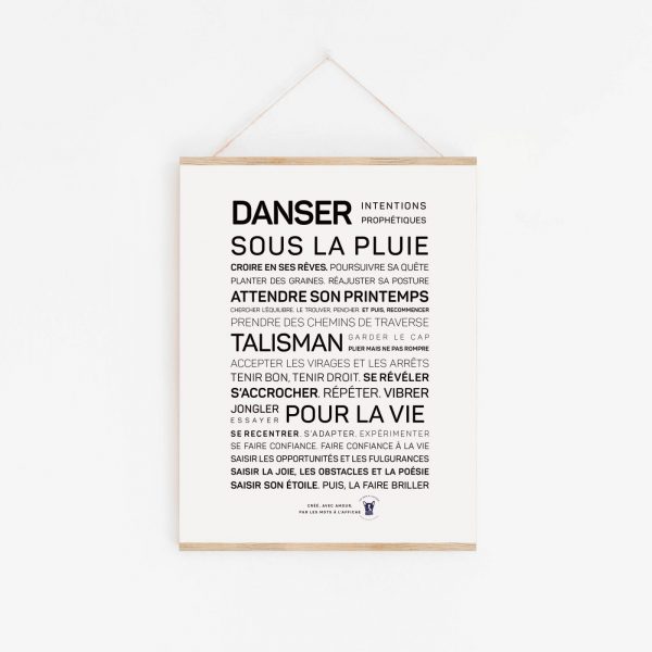 Une affiche poétique en noir et blanc avec les mots Danser sous la pluie.