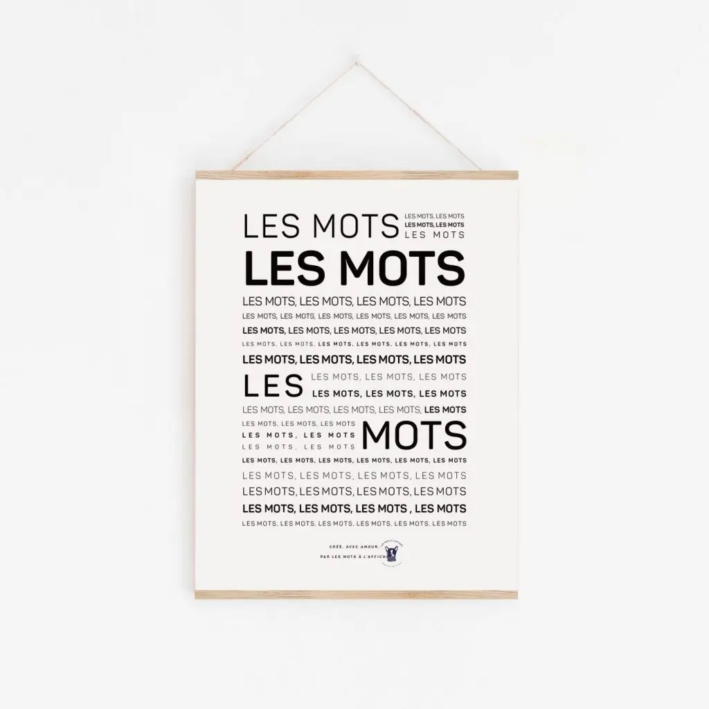 Une affiche en noir et blanc avec les mots poétiques "Mantra : Les mots", une idée cadeau.