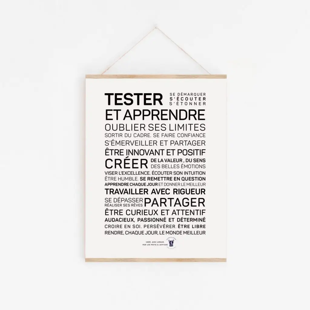 Une affiche en noir et blanc avec les mots poétiques Tester et apprendre.