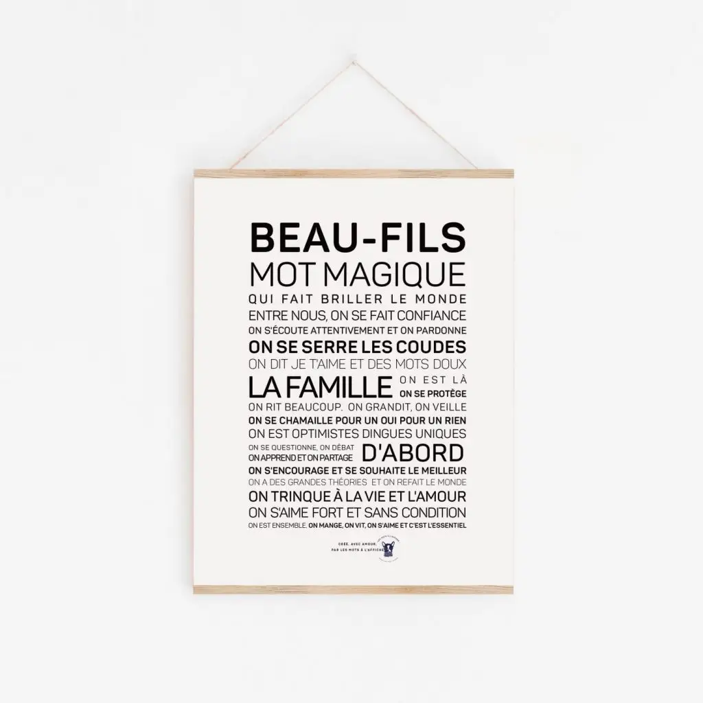 Une affiche en noir et blanc avec la mention 'beaux Petit-fils', une idée cadeau poétique.