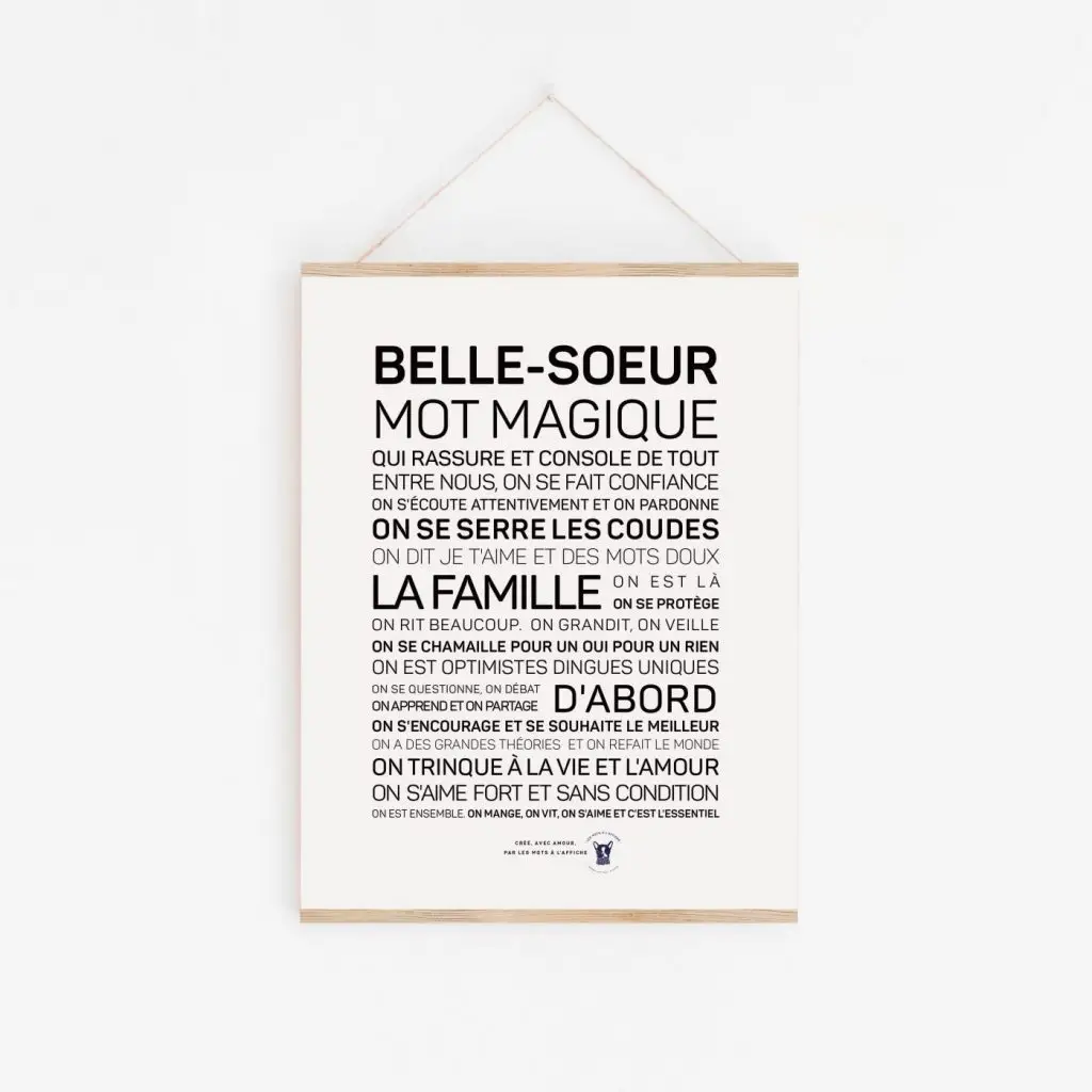 Une idée poétique pour un cadeau : une affiche avec les mots "belle Seur mot magique" en noir et blanc.
