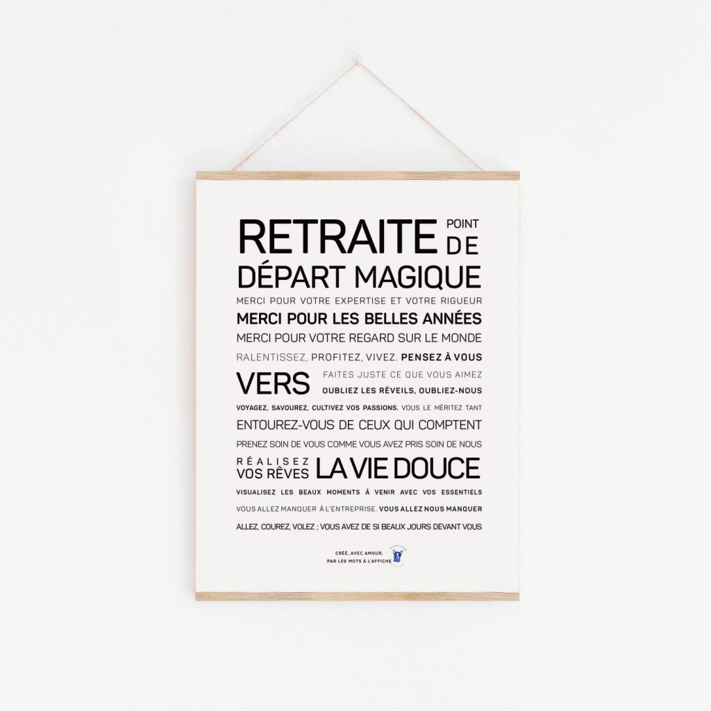 Une affiche en noir et blanc avec les mots poétiques 'Retraite (vouvoiement) de départ magique'.