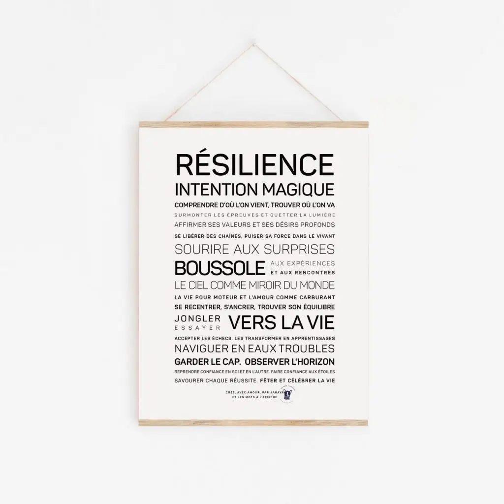 Une affiche en noir et blanc avec les mots Résilience, intervention, masque, présentant une idée poétique.