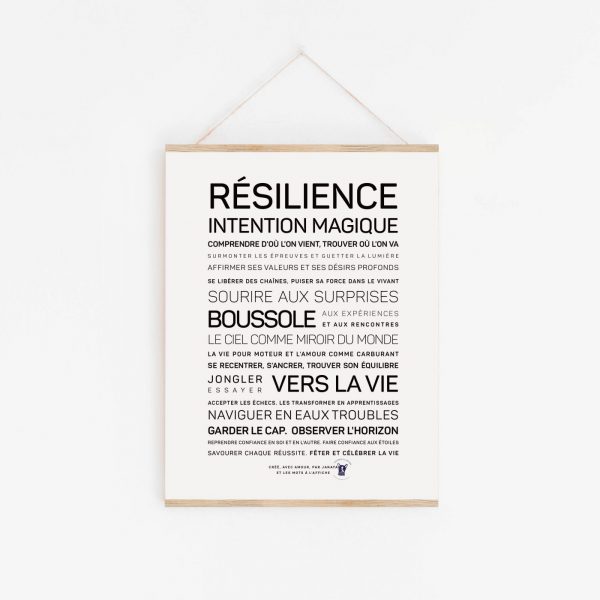 Une affiche en noir et blanc avec les mots Résilience, intervention, masque, présentant une idée poétique.