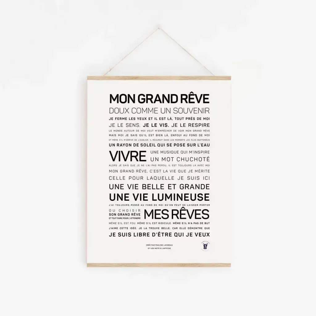 Une affiche avec les mots 'Mon Grand Rêve' en noir et blanc, une idée cadeau poétique.