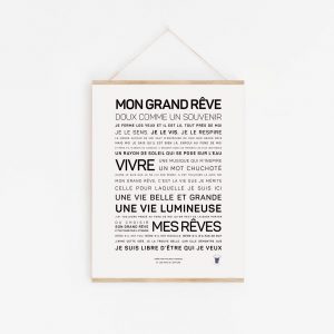 Une affiche avec les mots 'Mon Grand Rêve' en noir et blanc, une idée cadeau poétique.