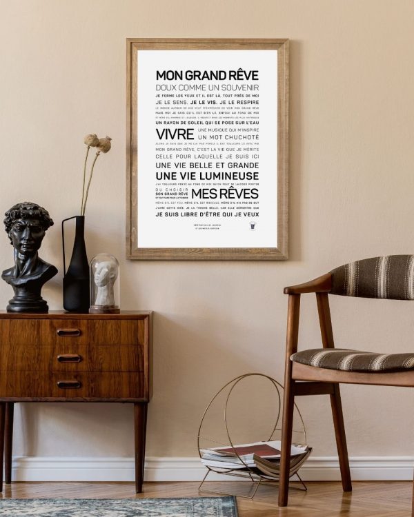 Une affiche encadrée Mon Grand Rêve - Pauline Laigneau avec une citation poétique dessus.