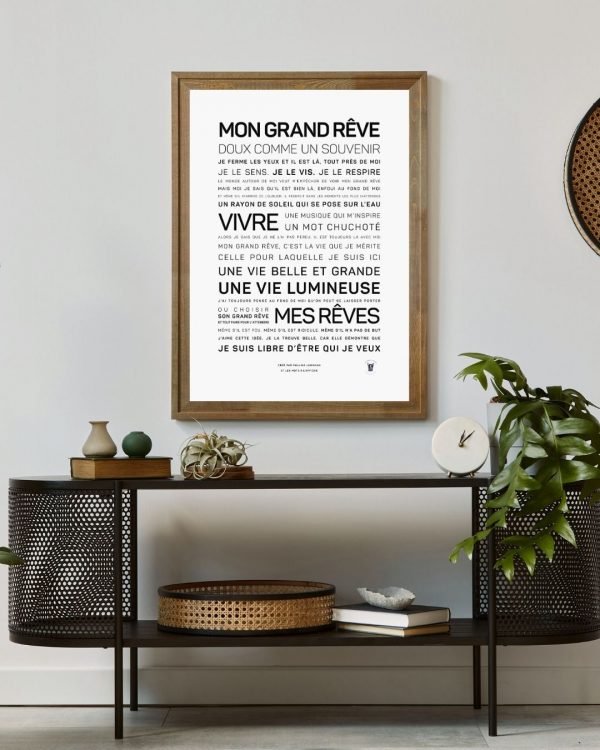 Une affiche encadrée avec les mots Mon Grand Rêve - Pauline Laigneau en noir et blanc, une idée cadeau poétique.