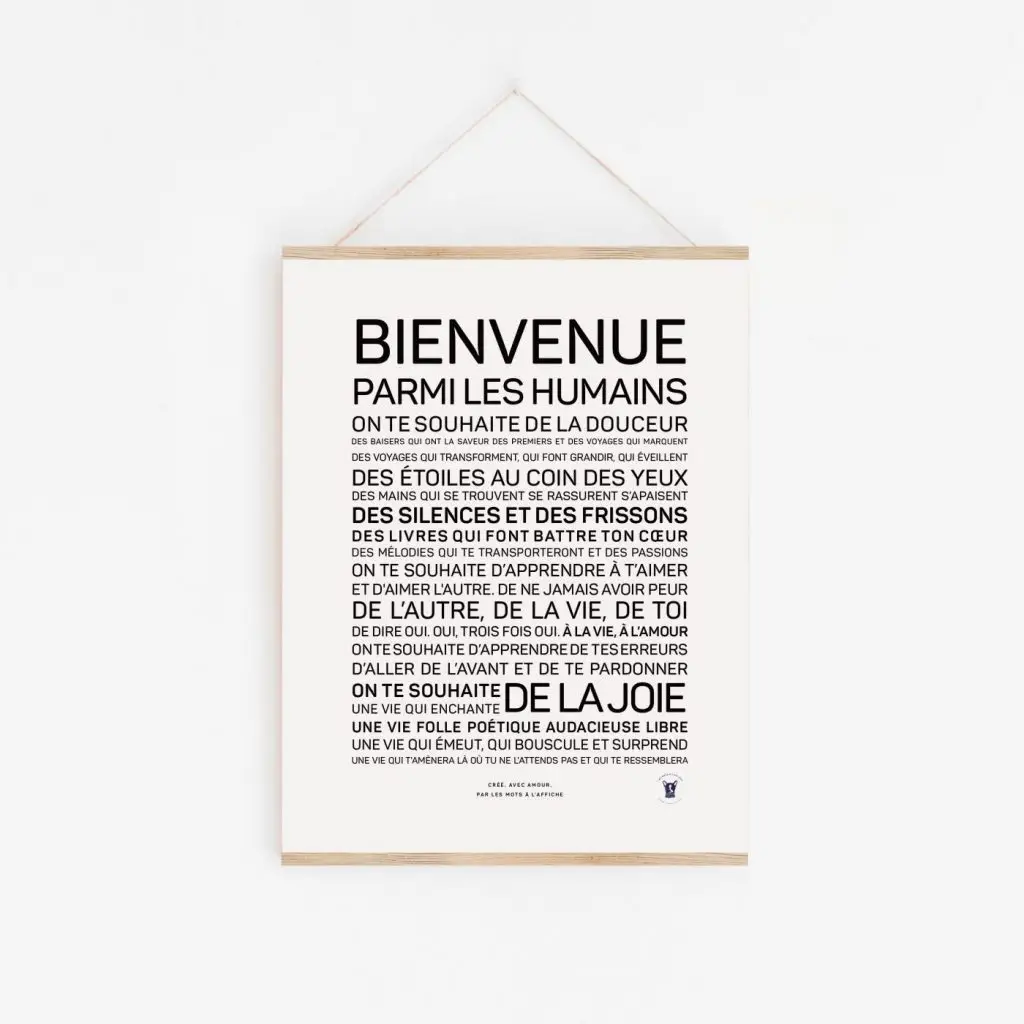 Une affiche en noir et blanc avec la mention "Bienvenue parmi les humains", une parfaite idée cadeau littéraire.