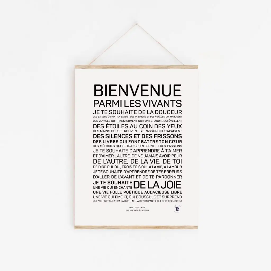 Une affiche en noir et blanc avec la mention « Bienvenue parmi les vivants » propose une idée cadeau littéraire.