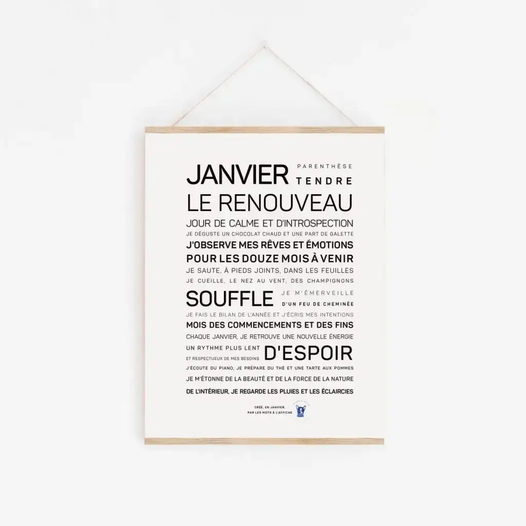 Une affiche en noir et blanc avec le produit "Janvier, le renouveau", une idée poétique.