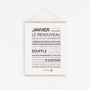 Une affiche en noir et blanc avec le produit "Janvier, le renouveau", une idée poétique.