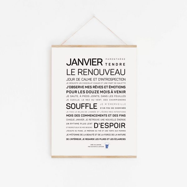 Une affiche en noir et blanc avec le produit "Janvier, le renouveau", une idée poétique.