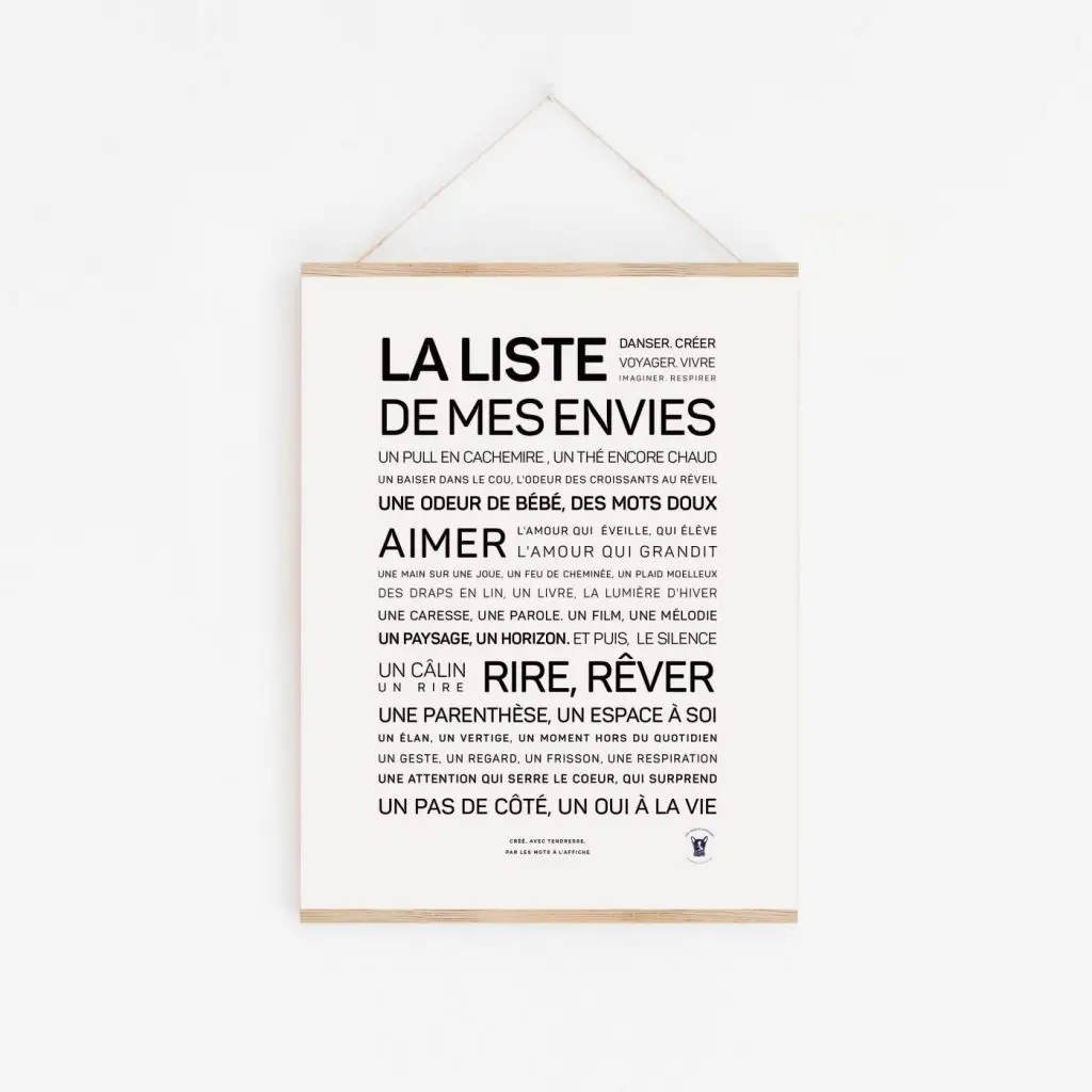Une Affiche sur mesure : votre liste d'envies sur un mur blanc, offrant une idée poétique.