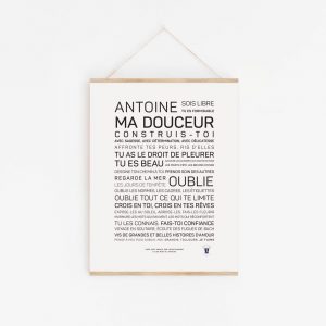 Une idée cadeau littéraire : une affiche avec les mots "Antoine, ma douceur".