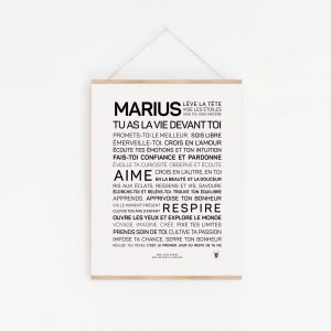 Une affiche en noir et blanc avec les mots « Marius, la vie devant toi », une idée cadeau littéraire.
